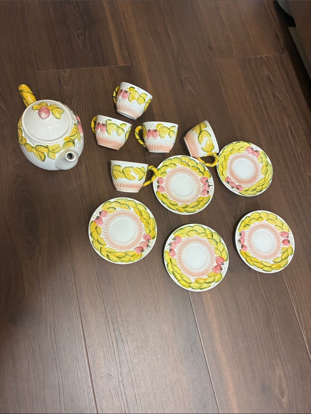Vintage Strawberry Ceramic Tea Kettle cups and saucers Set